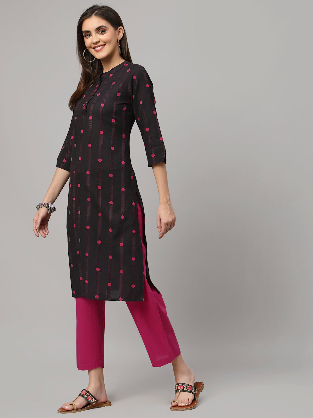 Women Black Mandrian Collar Woven Design Kurta - Kashyap Global Lifestyles LLP