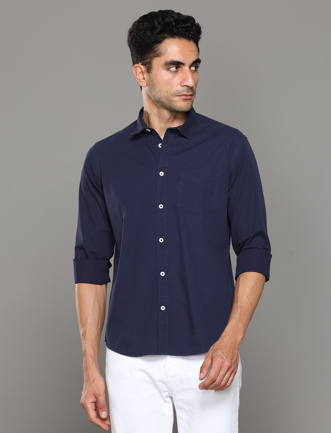 Men Blue Solid Regular Fit Cotton Casual Shirt - Kashyap Global Lifestyles LLP
