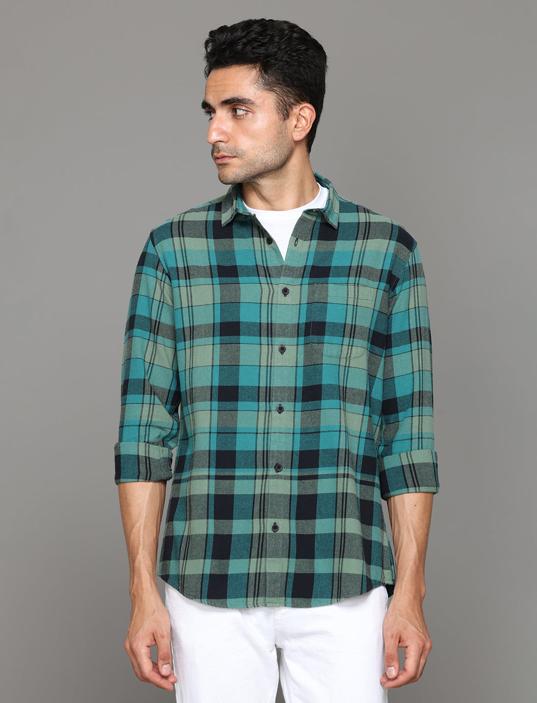 Men Teal Checked Regular Fit Flannel Cotton Casual Shirt - Kashyap Global Lifestyles LLP