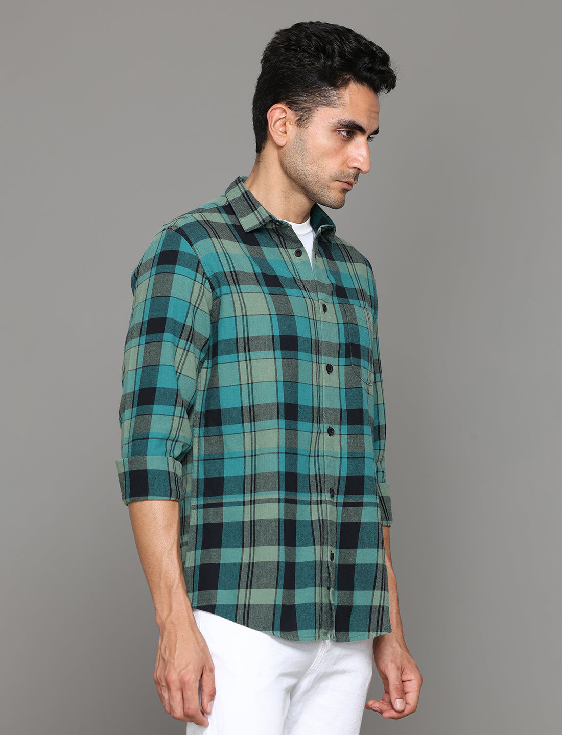 Men Teal Checked Regular Fit Flannel Cotton Casual Shirt - Kashyap Global Lifestyles LLP