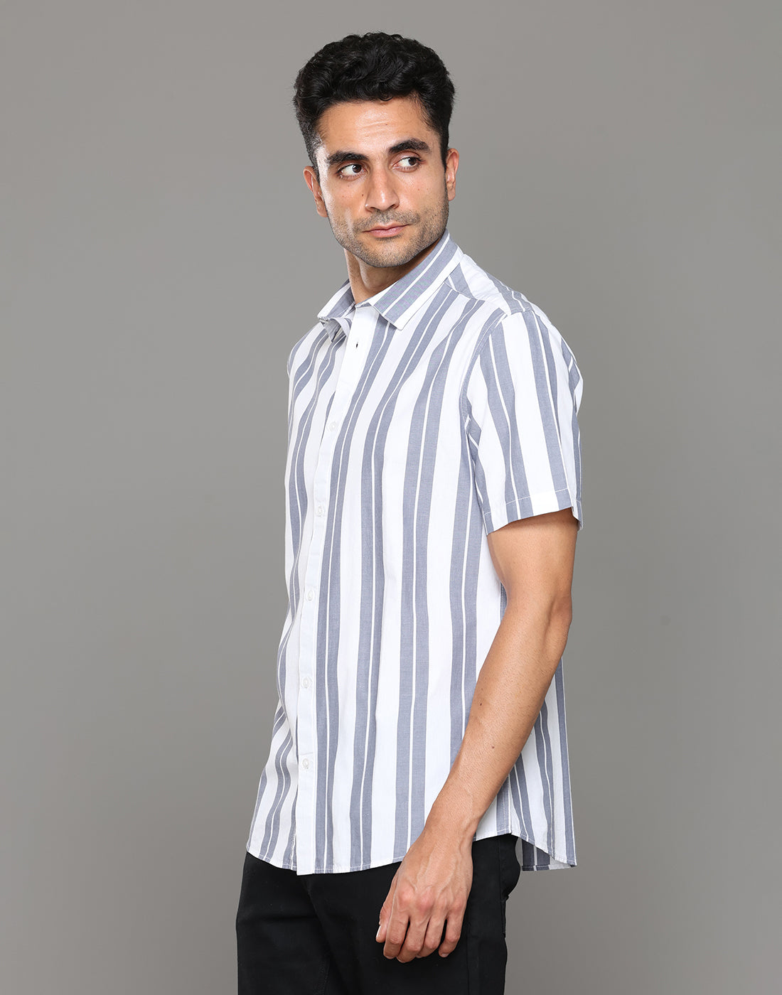 Men White & Grey Striped Short Sleeves Shirt - Kashyap Global Lifestyles LLP