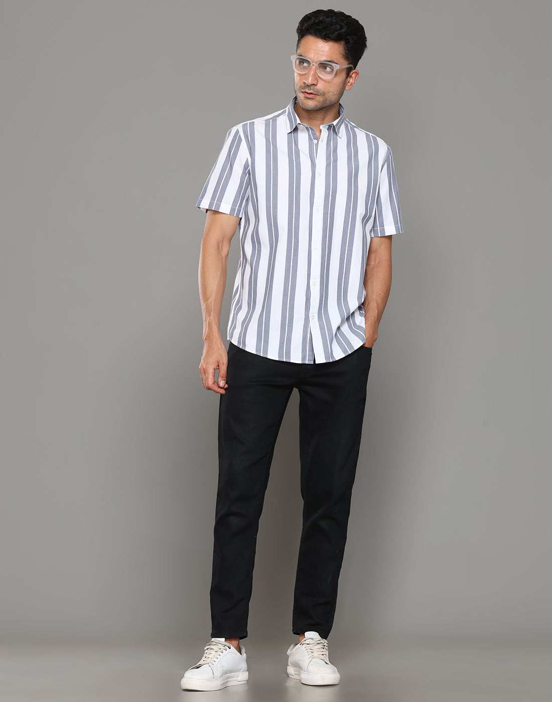 Men White & Grey Striped Short Sleeves Shirt - Kashyap Global Lifestyles LLP