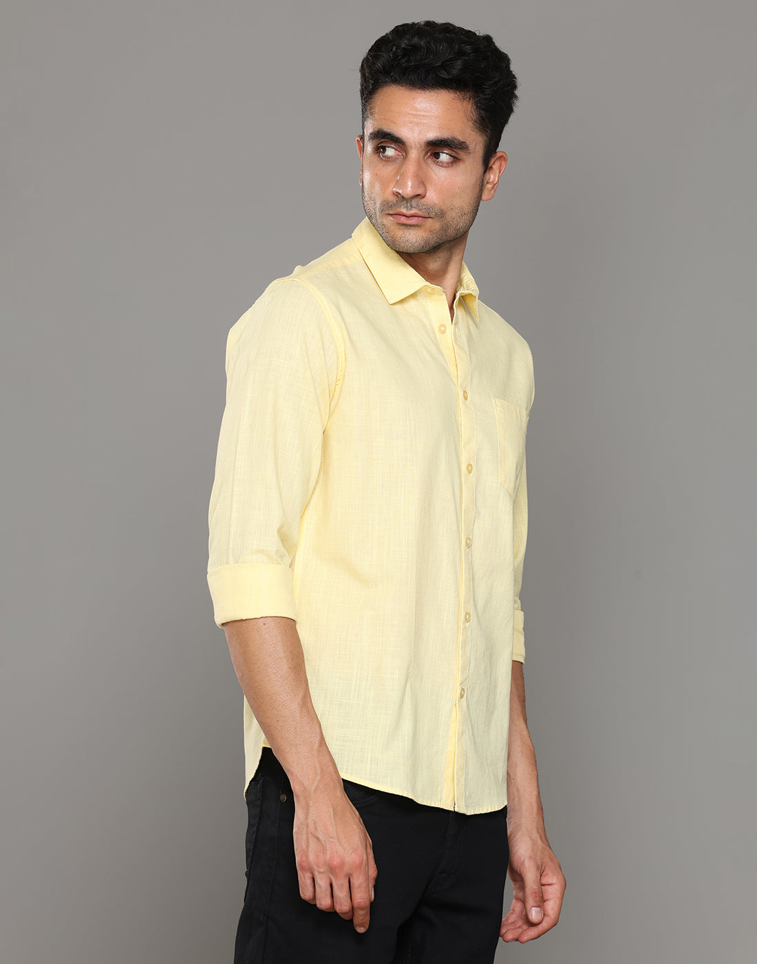 Men Yellow Amsler Slub Solid Casual Shirt - Kashyap Global Lifestyles LLP