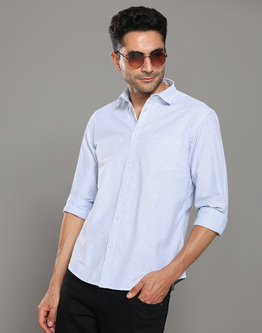 Men Striped Sky Blue Cotton Shirt - Kashyap Global Lifestyles LLP
