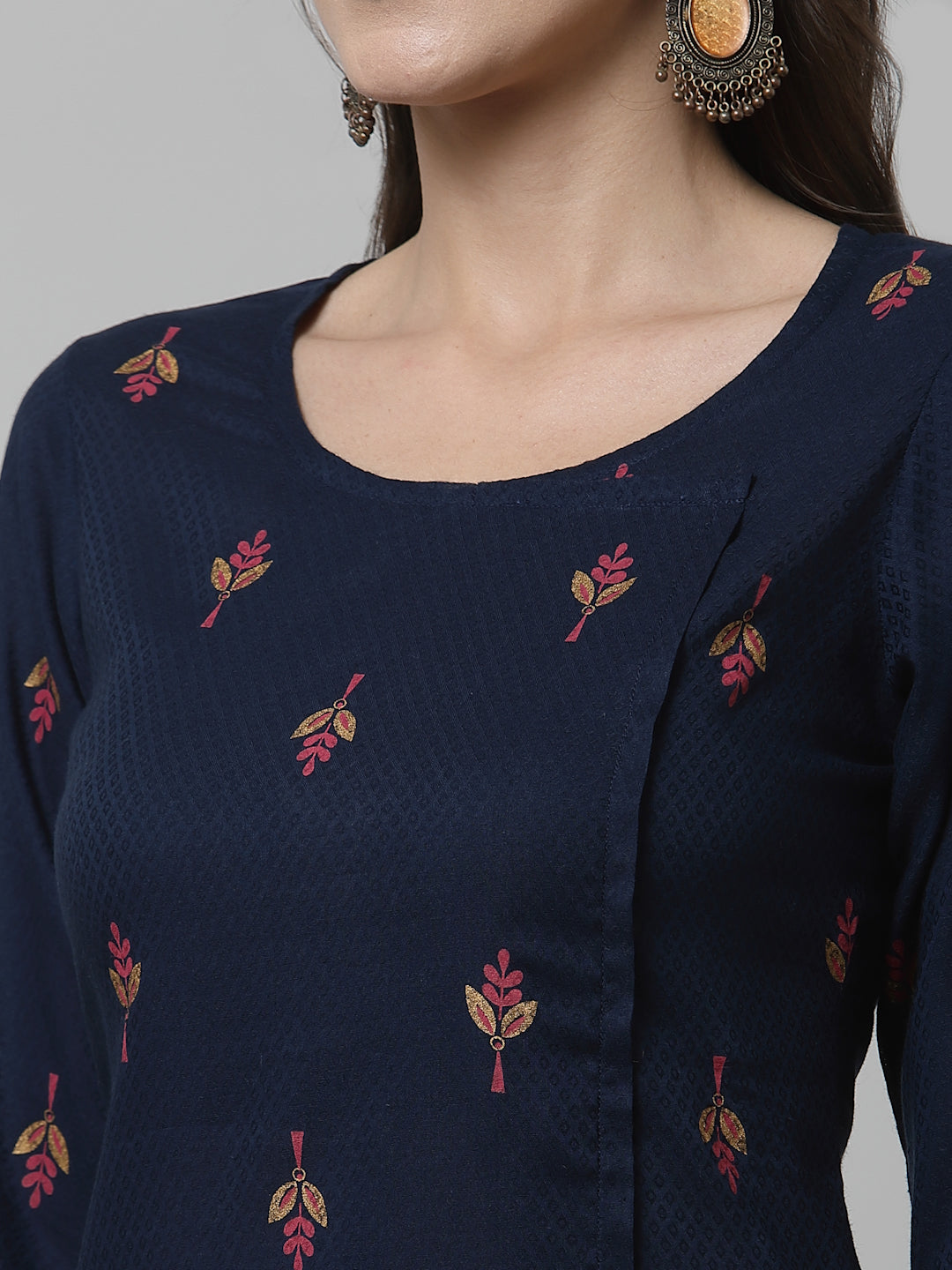 Women Navy Blue Ethnic Motifs Cotton Calf Length Kurta - Kashyap Global Lifestyles LLP