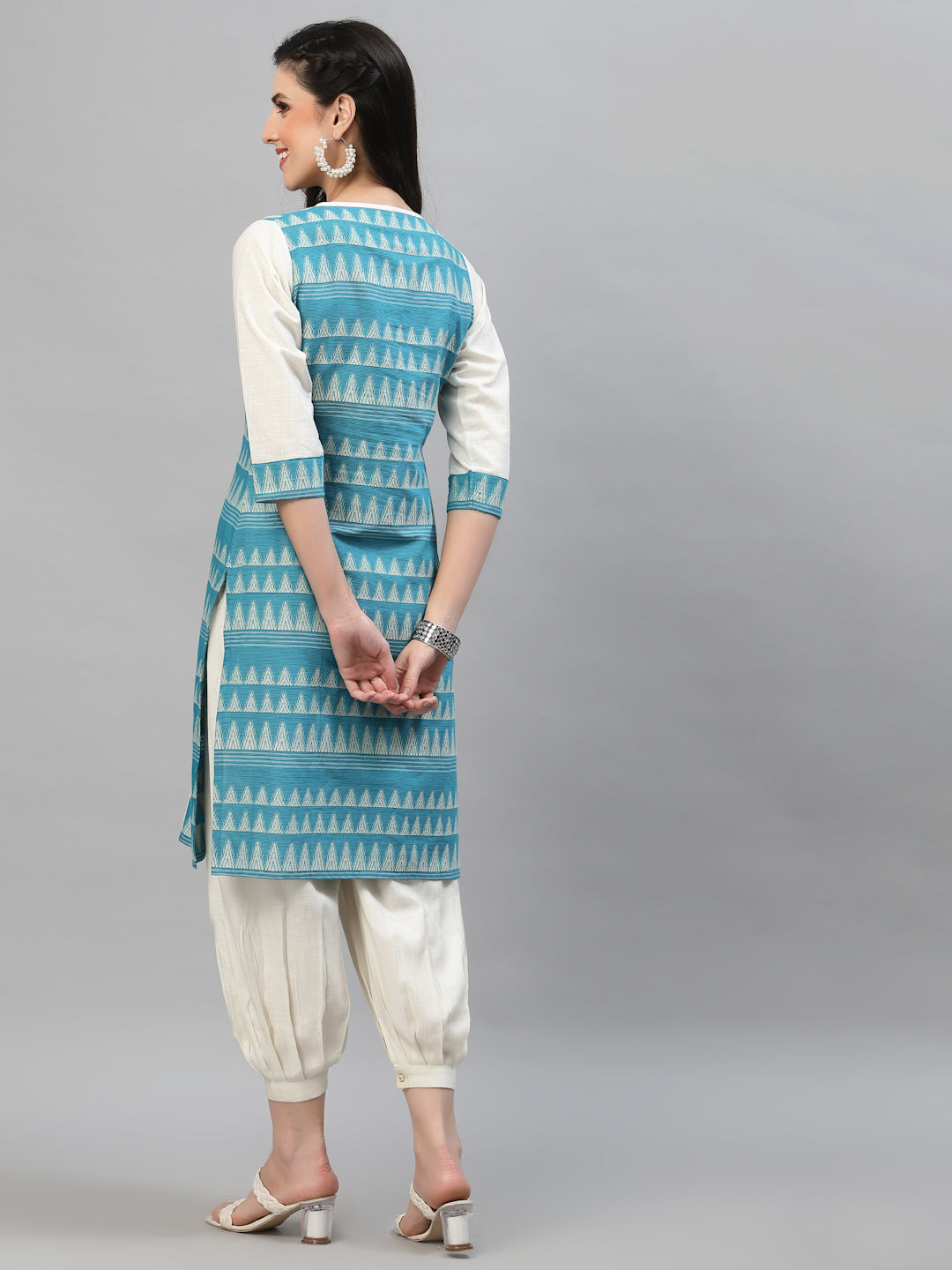 Women Off White & Blue Linen Jacquard Kurta - Kashyap Global Lifestyles LLP