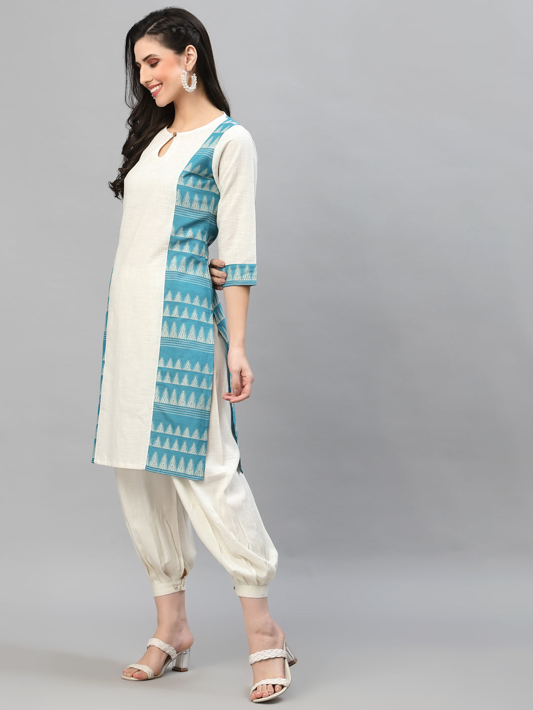 Women Off White & Blue Linen Jacquard Kurta - Kashyap Global Lifestyles LLP