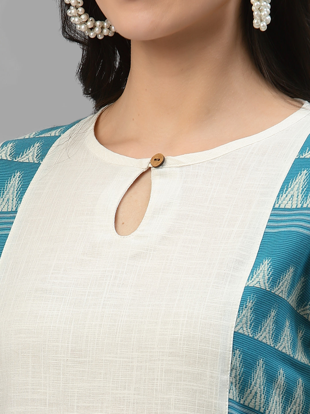 Women Off White & Blue Linen Jacquard Kurta - Kashyap Global Lifestyles LLP