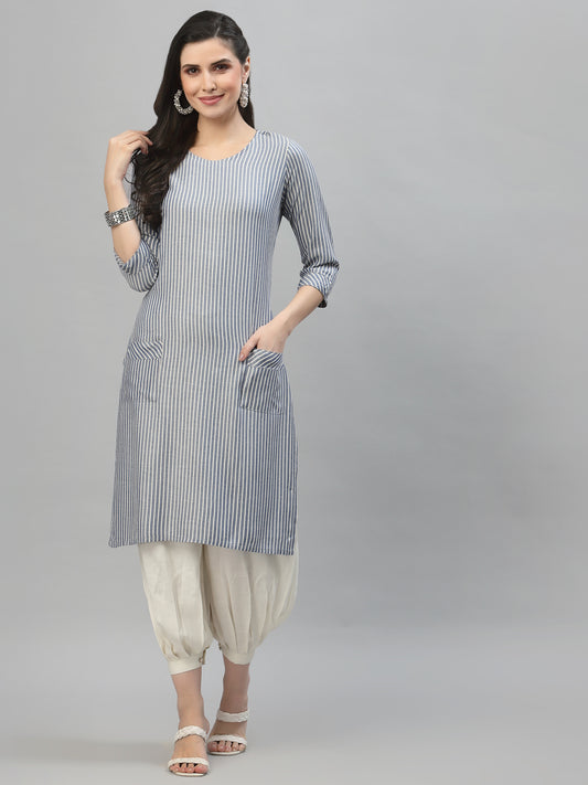 Women Blue Striped Kurta With Front Pockets - Kashyap Global Lifestyles LLP