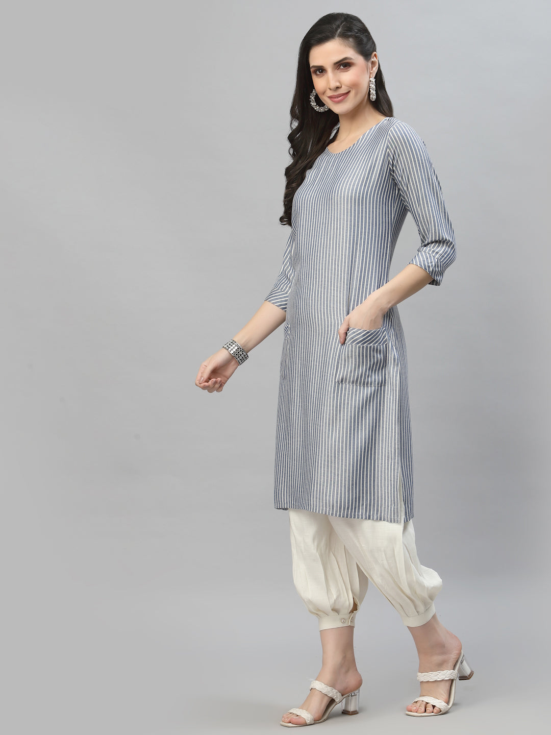 Women Blue Striped Kurta With Front Pockets - Kashyap Global Lifestyles LLP