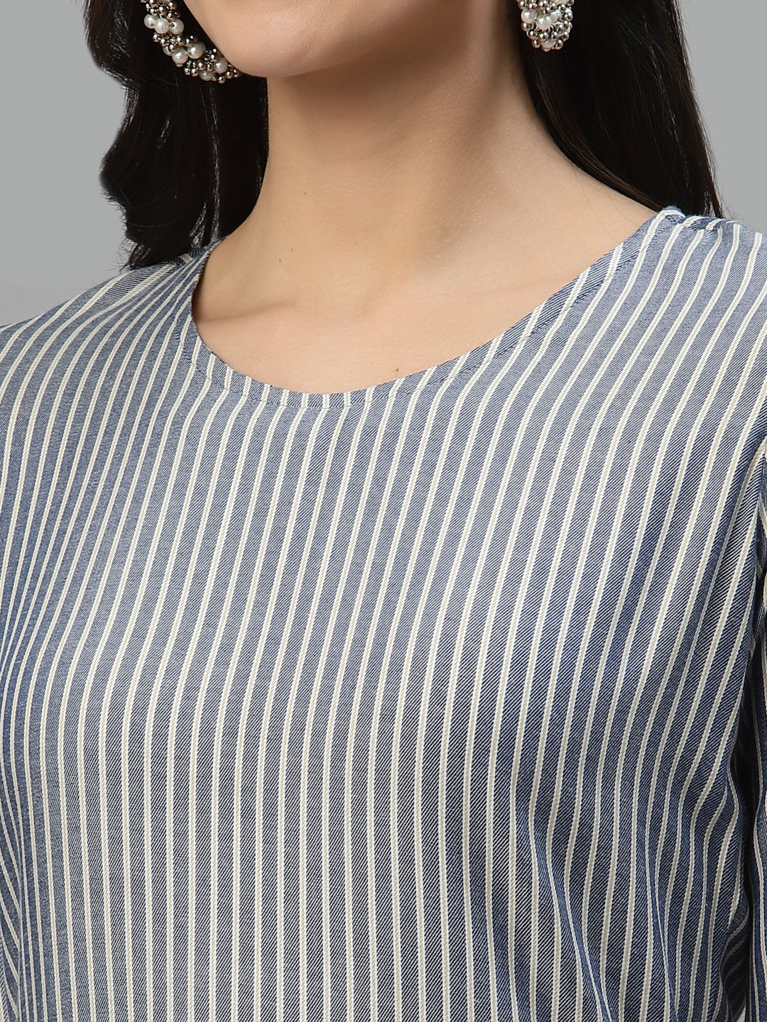 Women Blue Striped Kurta With Front Pockets - Kashyap Global Lifestyles LLP