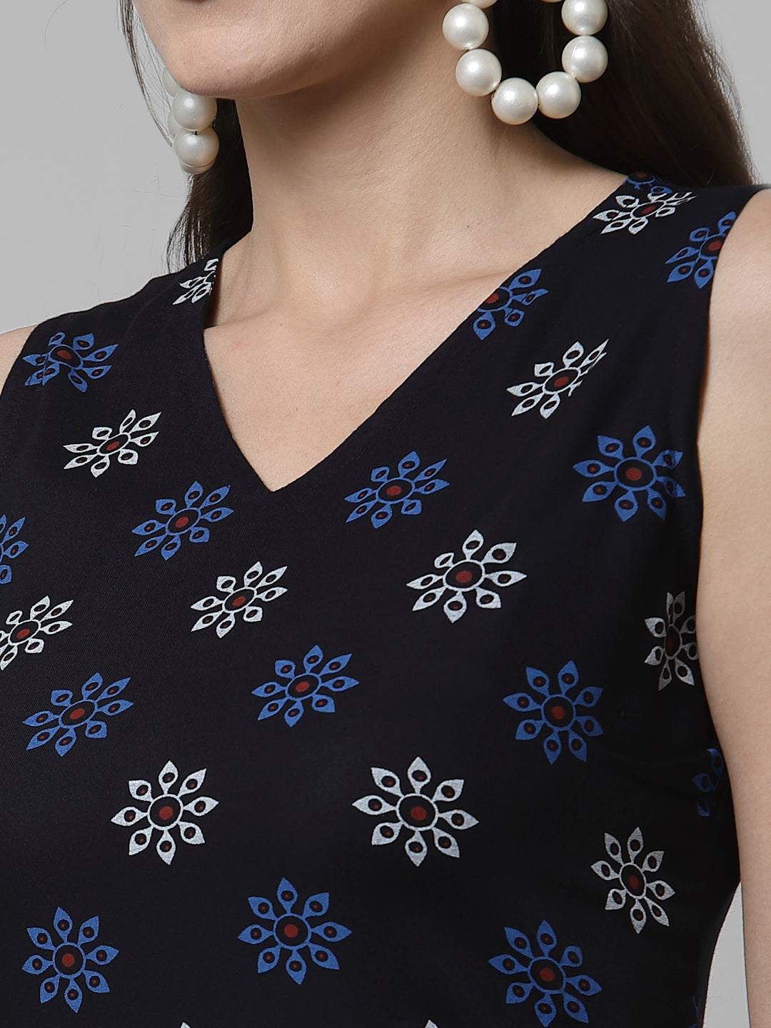 Women Navy Printed Sleeveless Kurta - Kashyap Global Lifestyles LLP