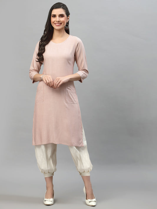 Women Peach Striped Kurta With Front Pockets - Kashyap Global Lifestyles LLP