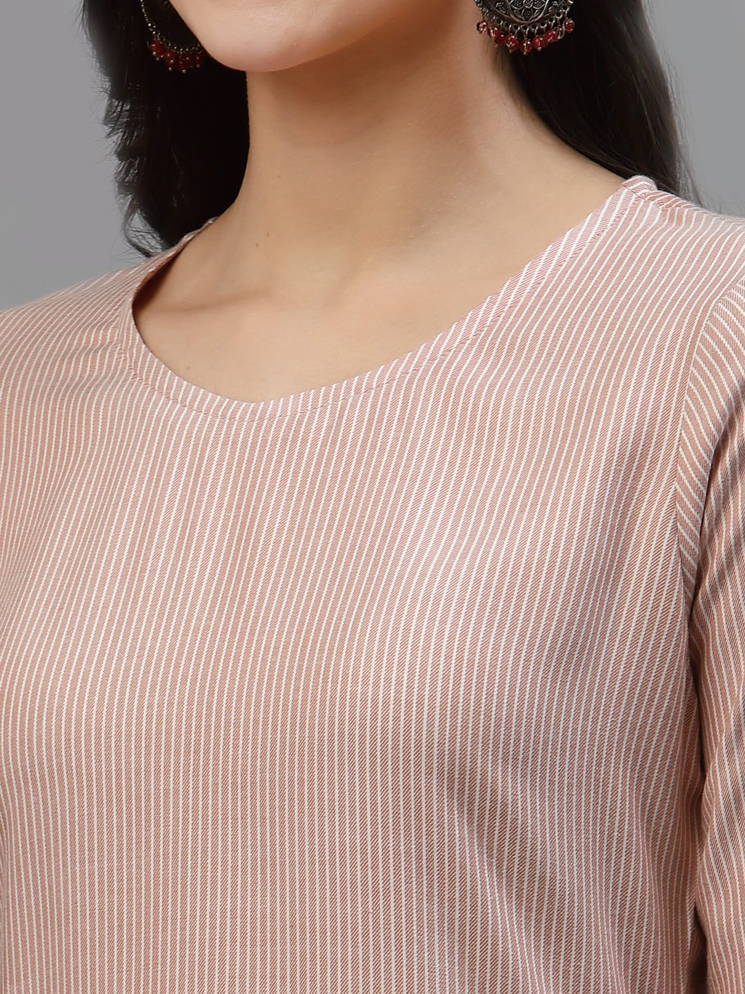 Women Peach Striped Kurta With Front Pockets - Kashyap Global Lifestyles LLP