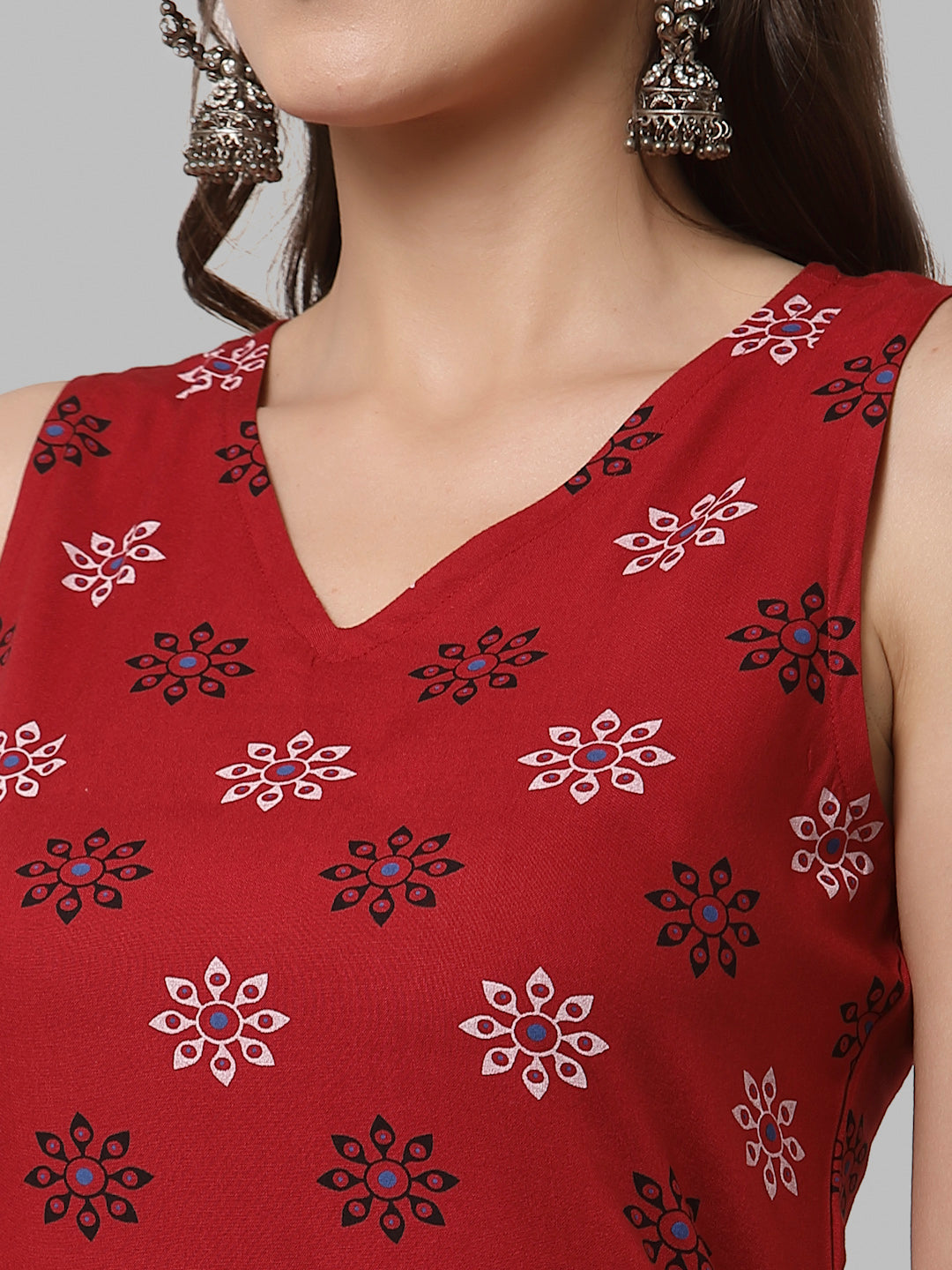 Women Red Printed Sleeveless Kurta - Kashyap Global Lifestyles LLP