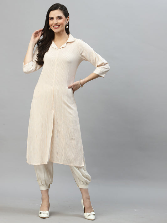 Women White & Orange Collar Neck Kurta - Kashyap Global Lifestyles LLP