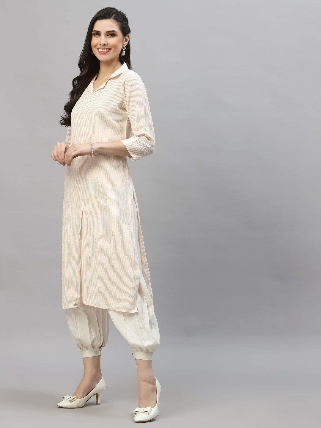 Women White & Orange Collar Neck Kurta - Kashyap Global Lifestyles LLP