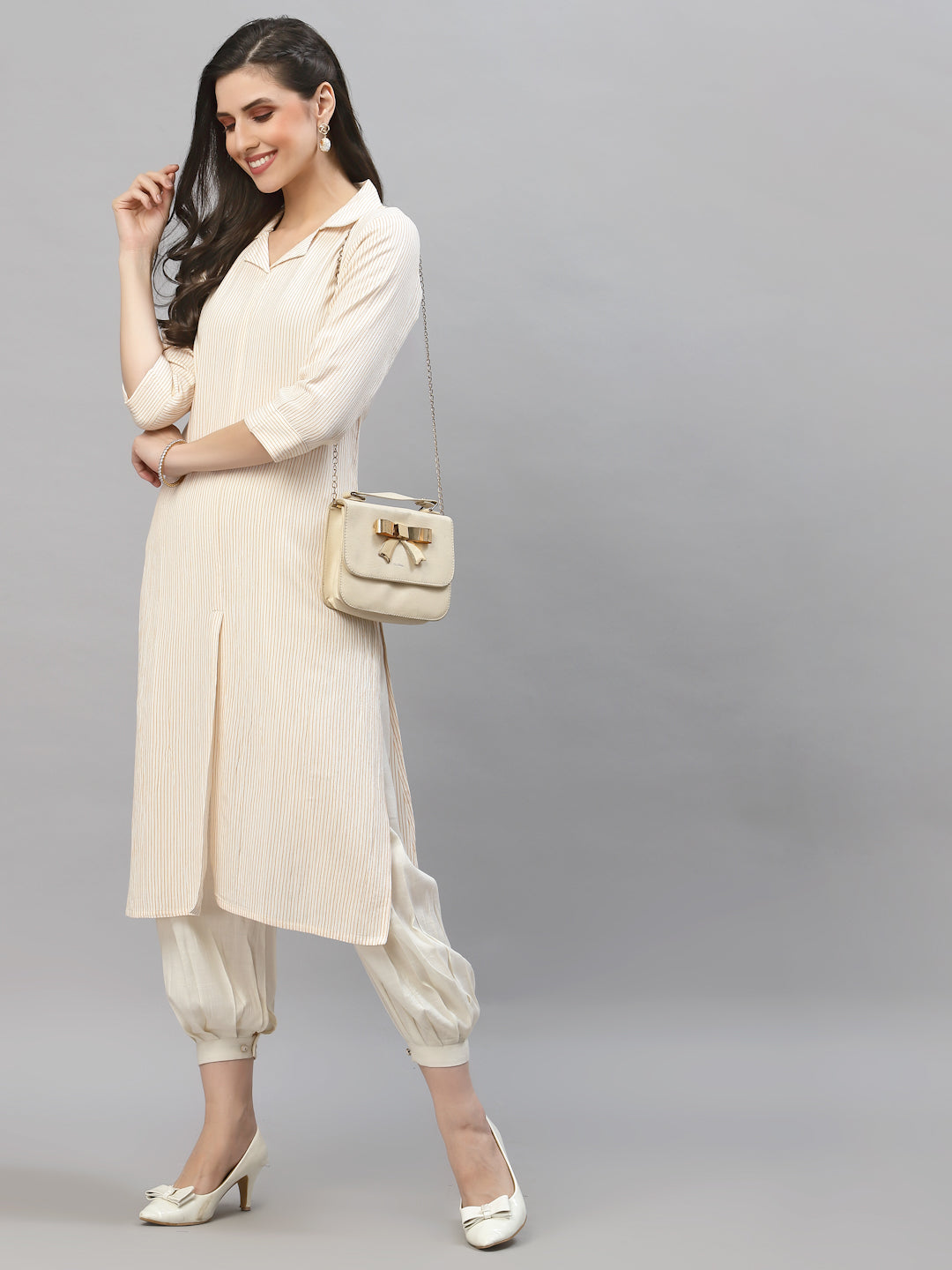 Women White & Orange Collar Neck Kurta - Kashyap Global Lifestyles LLP