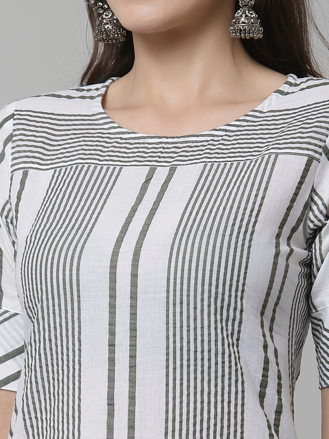 Women White & Olive Striped Cotton Knee Length Kurta - Kashyap Global Lifestyles LLP