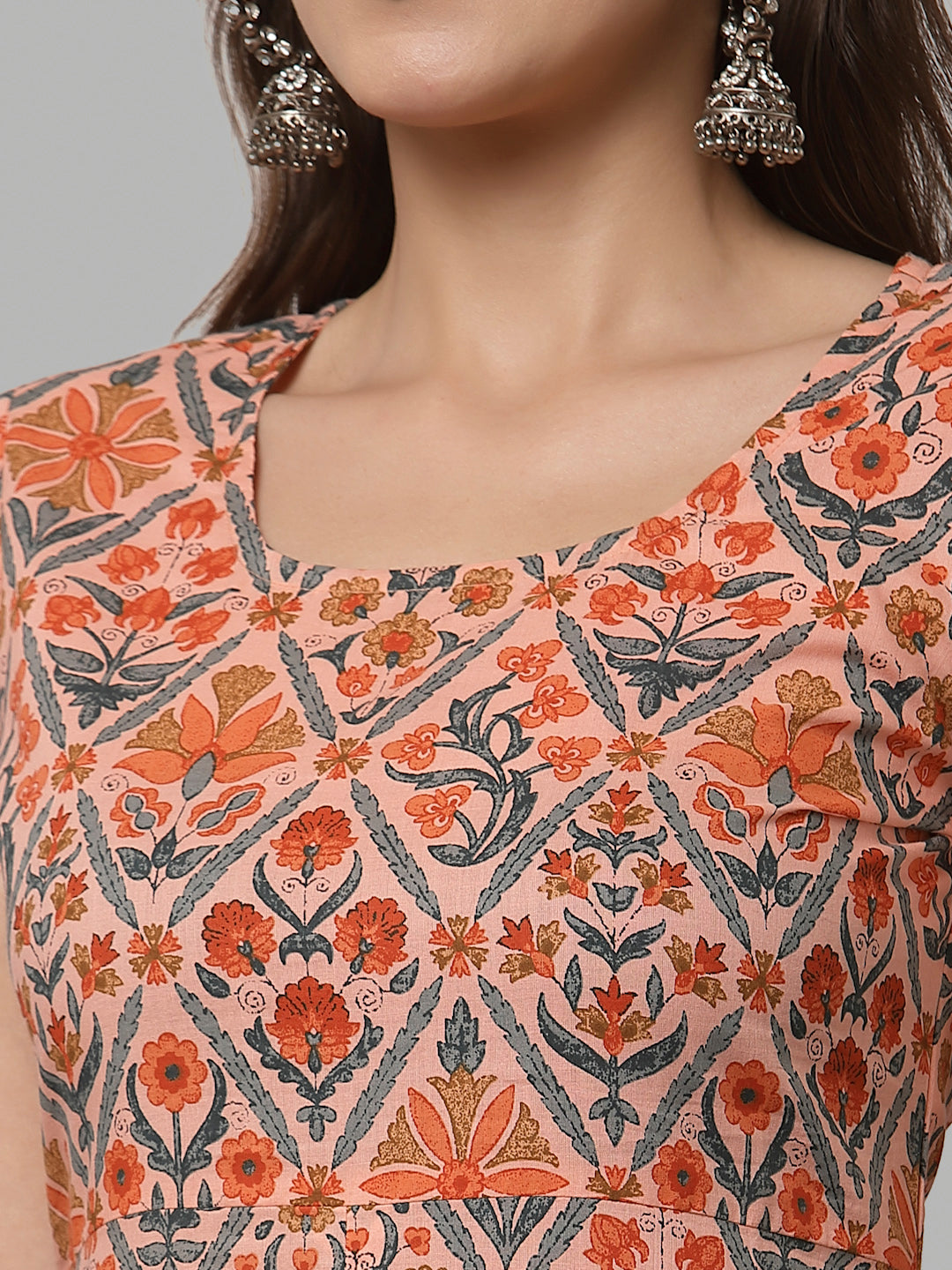 Women Peach Cotton Printed Front Slit Kurta - Kashyap Global Lifestyles LLP