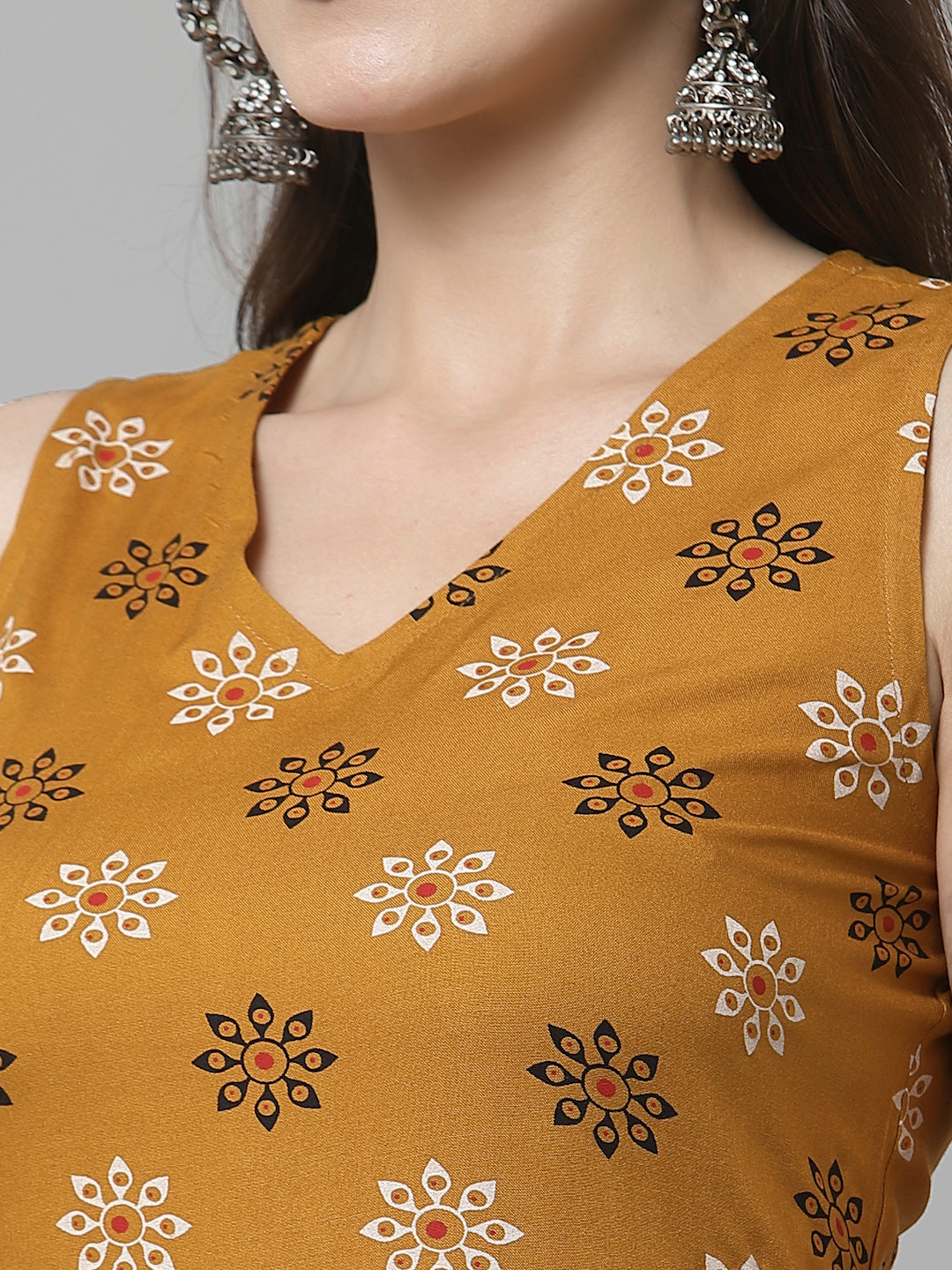 Women Mustard Printed Sleeveless Kurta - Kashyap Global Lifestyles LLP