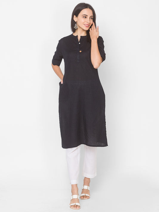 Women Black Cotton Knee Length Kurta - Kashyap Global Lifestyles LLP