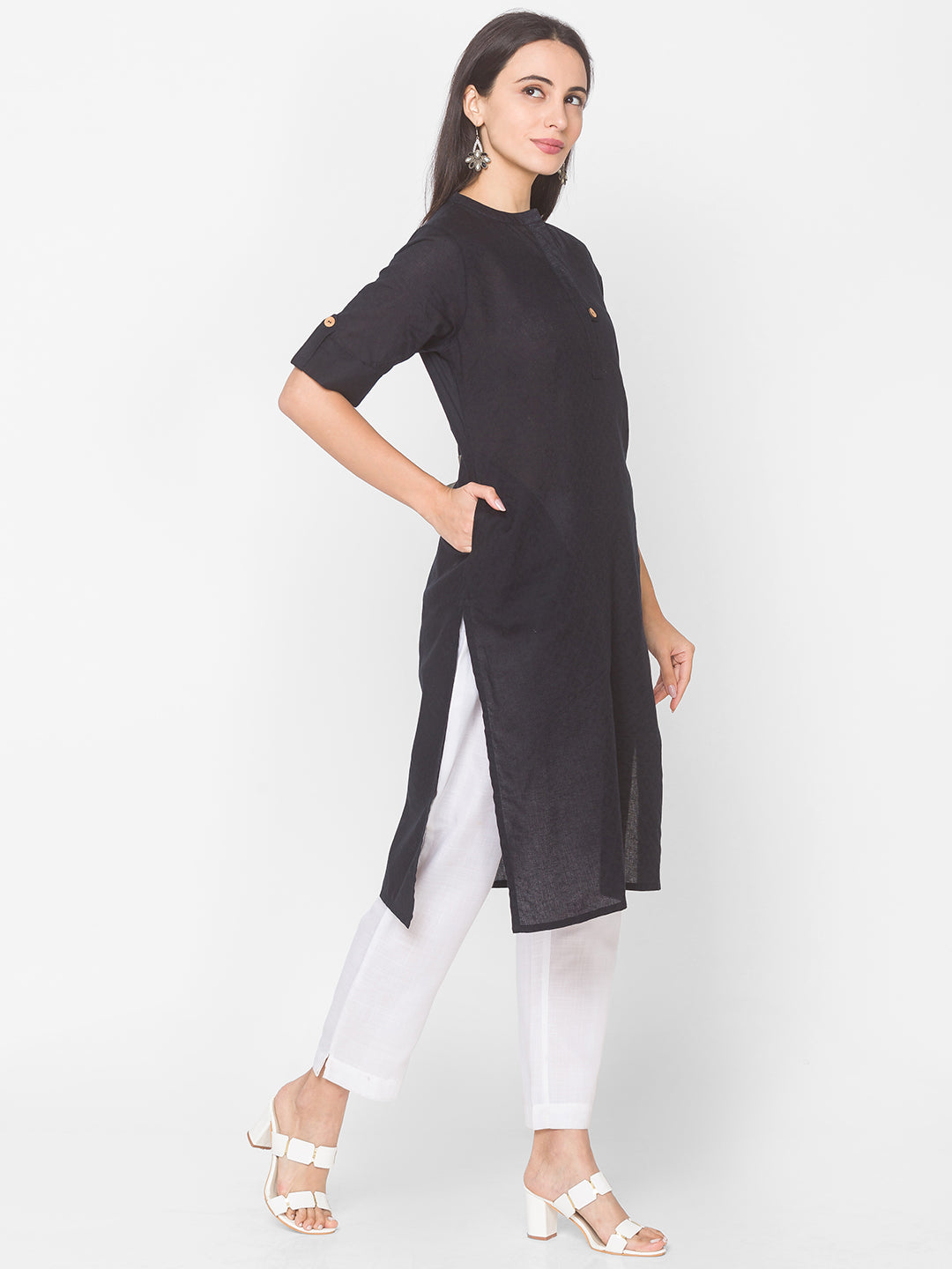 Women Black Cotton Knee Length Kurta - Kashyap Global Lifestyles LLP