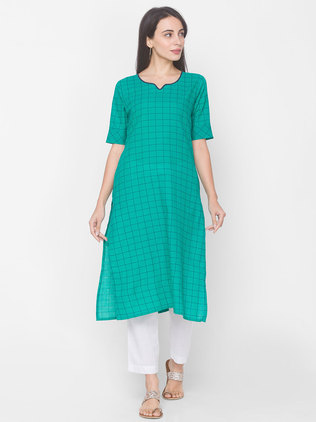 Women Green Cotton Checkered Kurta - Kashyap Global Lifestyles LLP