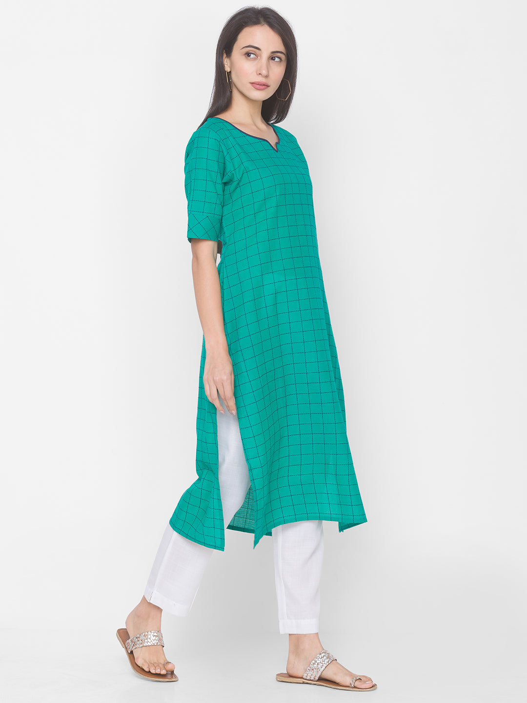 Women Green Cotton Checkered Kurta - Kashyap Global Lifestyles LLP