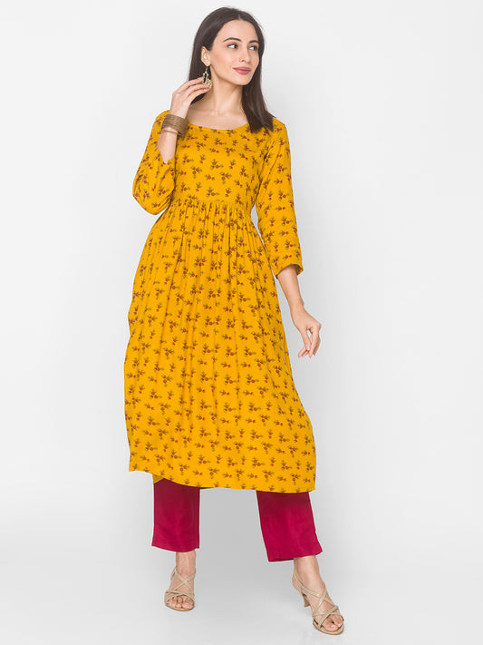 Women Mustard Floral Anarkali Kurta - Kashyap Global Lifestyles LLP