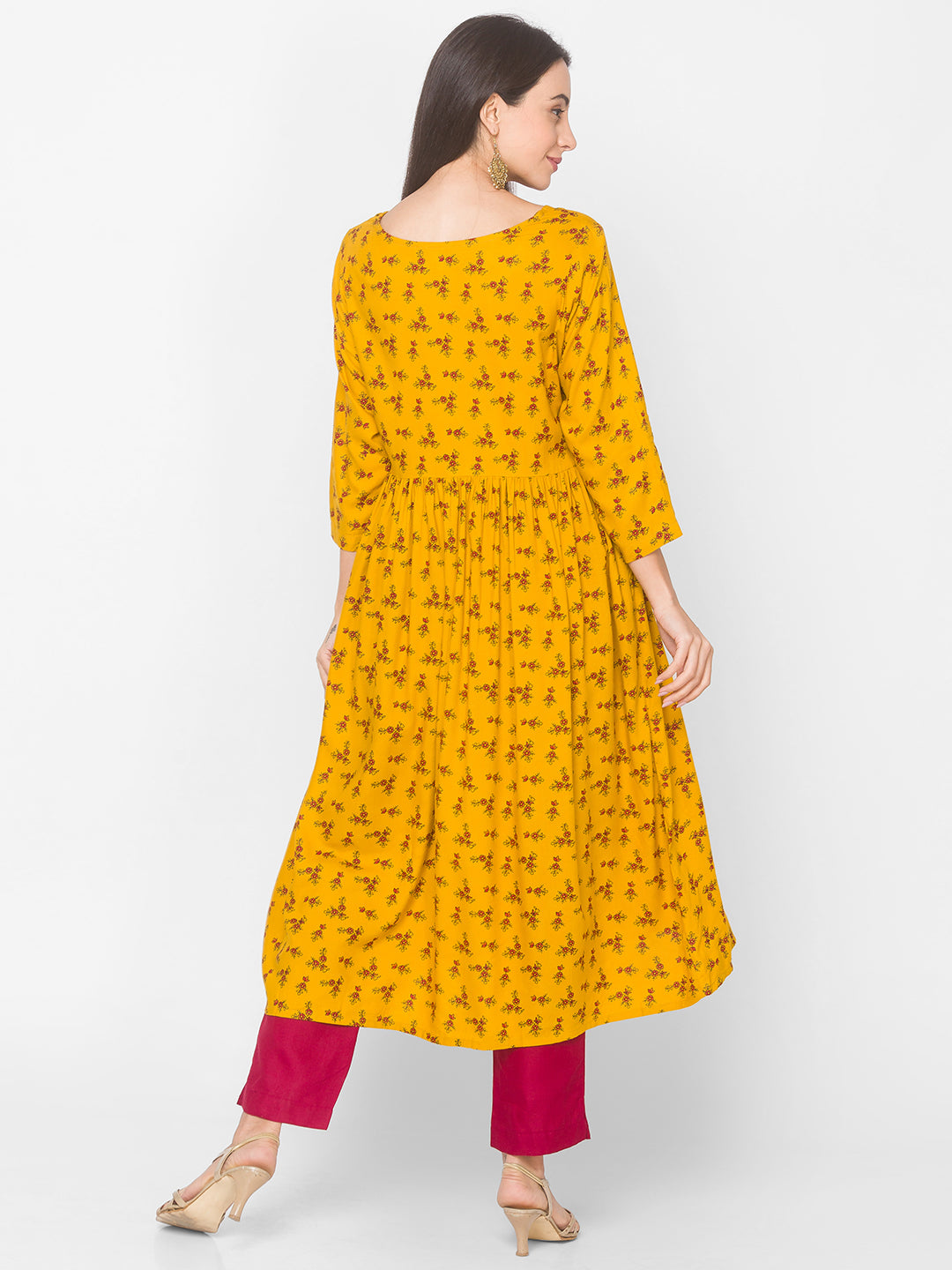 Women Mustard Floral Anarkali Kurta - Kashyap Global Lifestyles LLP