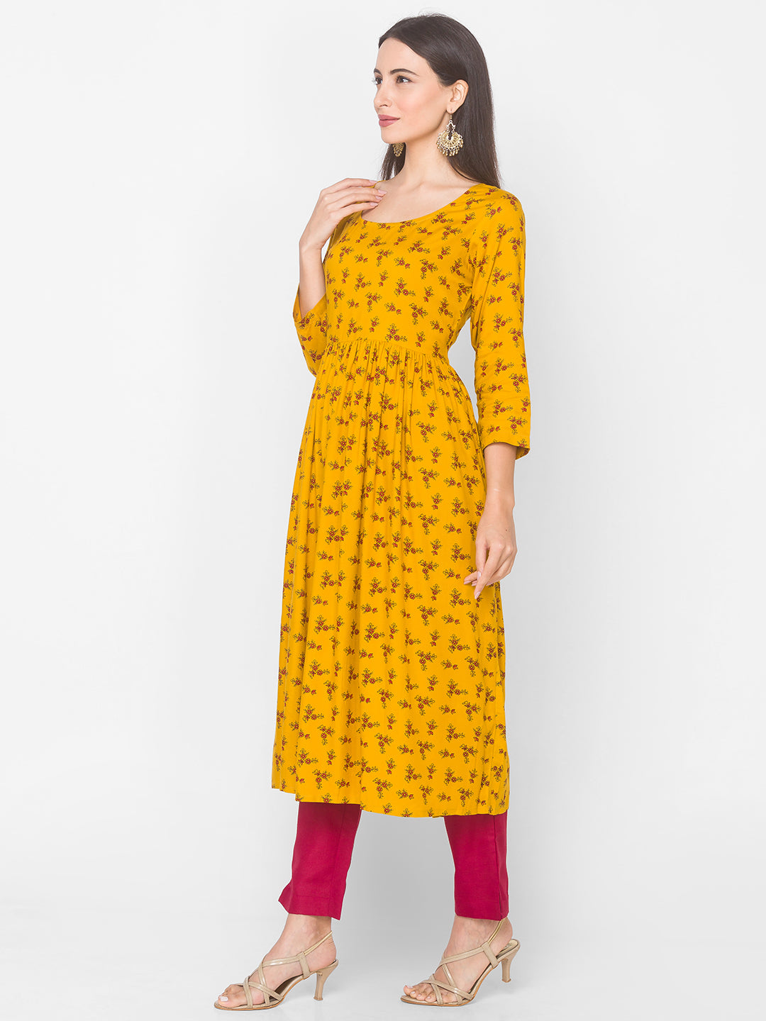 Women Mustard Floral Anarkali Kurta - Kashyap Global Lifestyles LLP