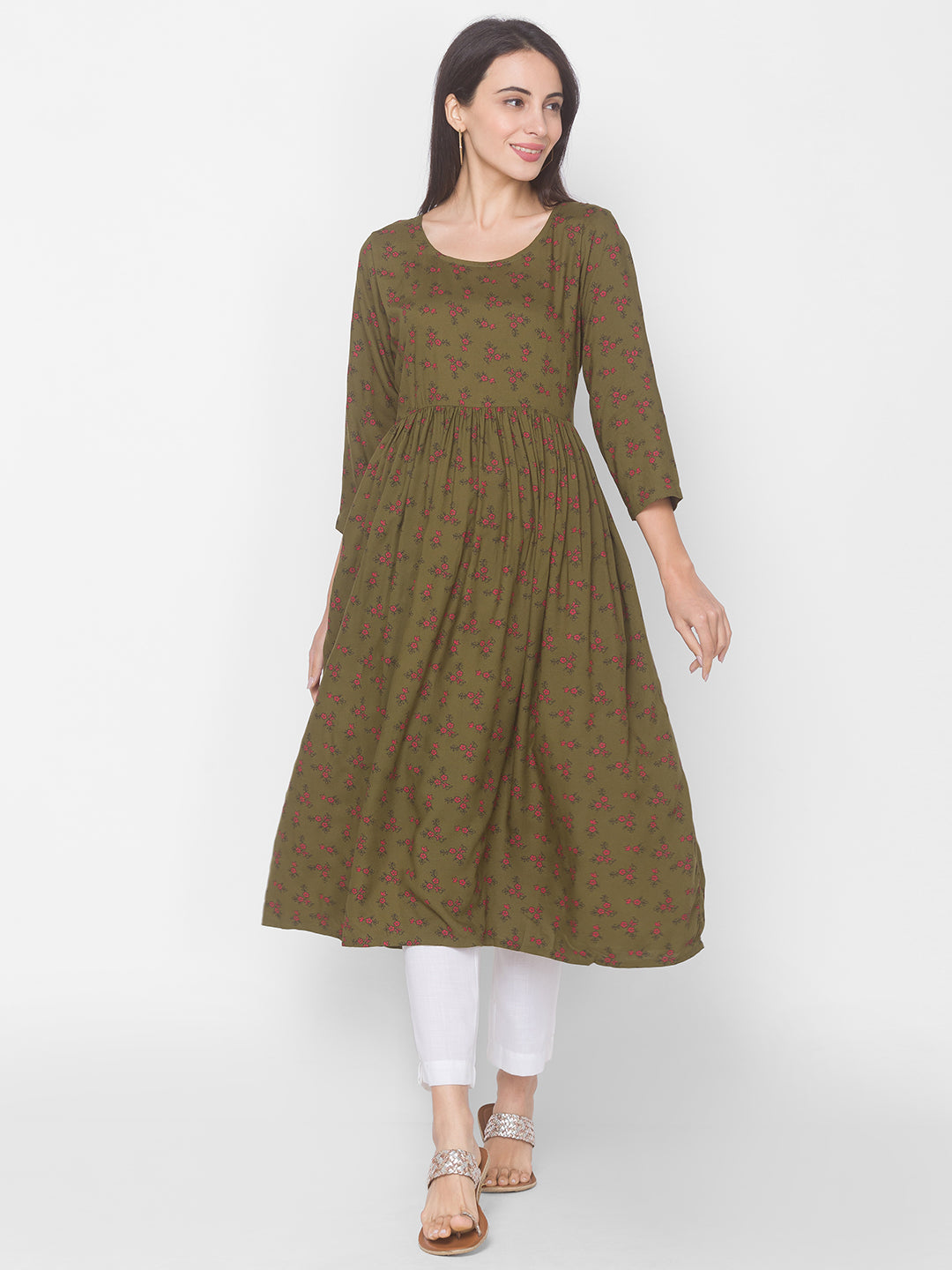 Women Olive Floral Anarkali Kurta - Kashyap Global Lifestyles LLP