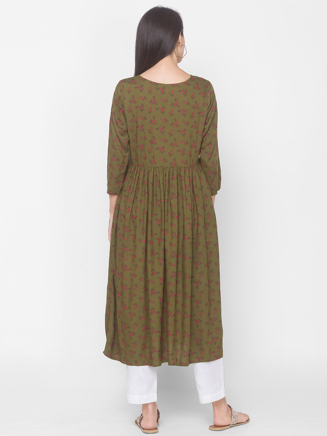 Women Olive Floral Anarkali Kurta - Kashyap Global Lifestyles LLP