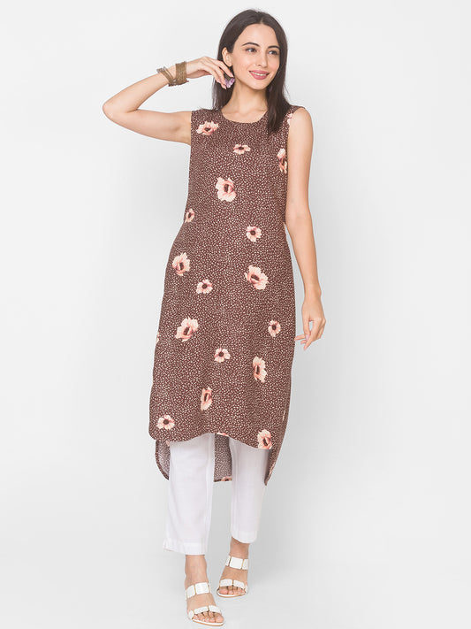 Women Brown Floral High Low Sleeveless Kurta - Kashyap Global Lifestyles LLP