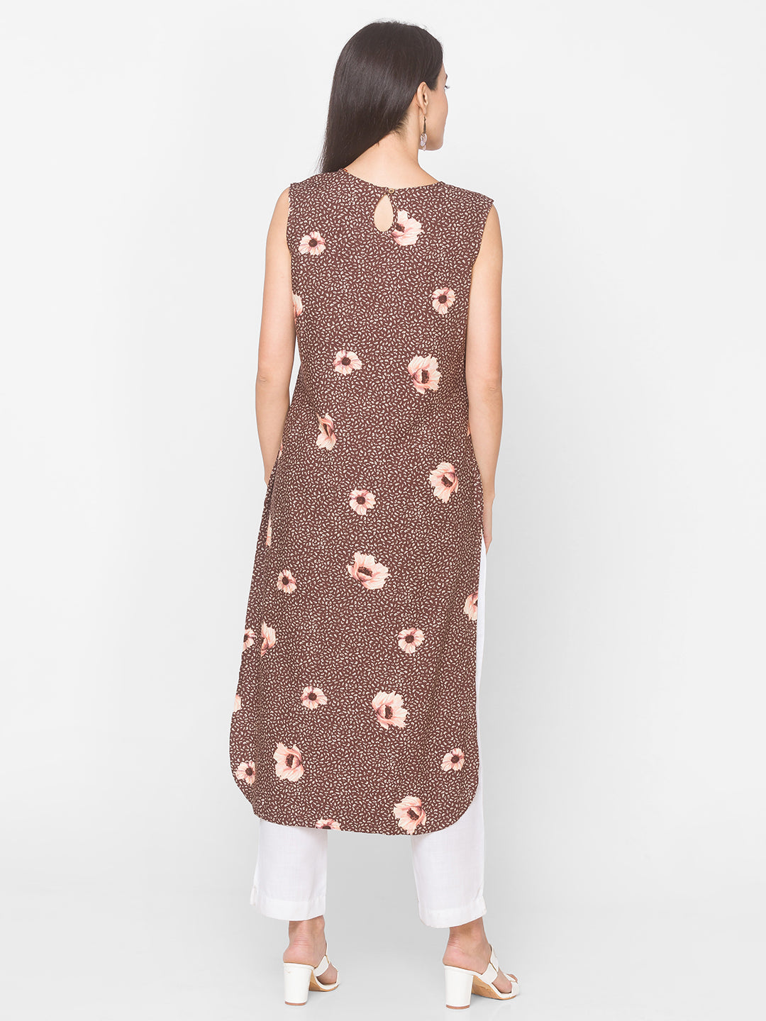 Women Brown Floral High Low Sleeveless Kurta - Kashyap Global Lifestyles LLP