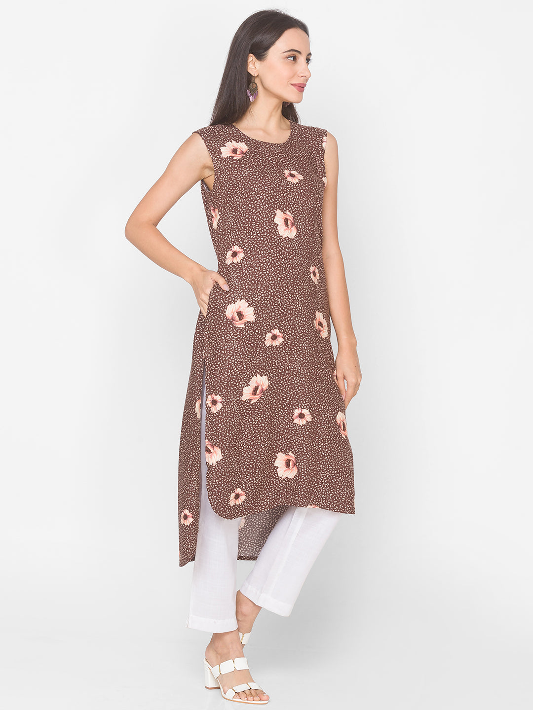 Women Brown Floral High Low Sleeveless Kurta - Kashyap Global Lifestyles LLP