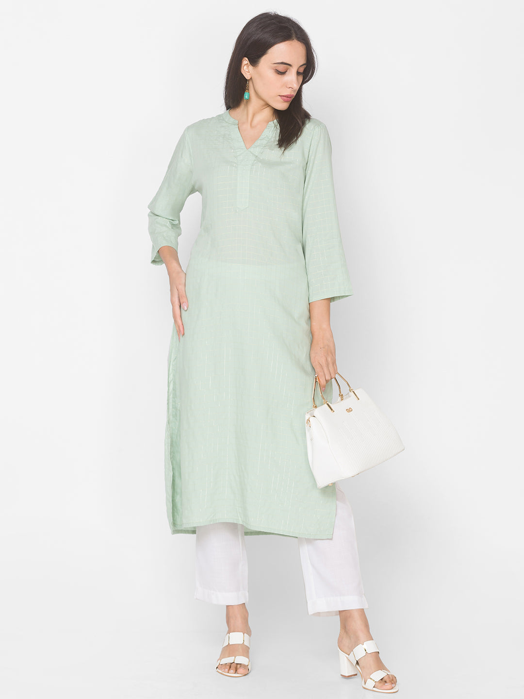Women Mint Green Checkered Straight Kurta - Kashyap Global Lifestyles LLP