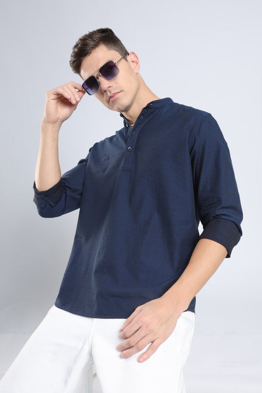 Midnight Blue Textured Short Kurta