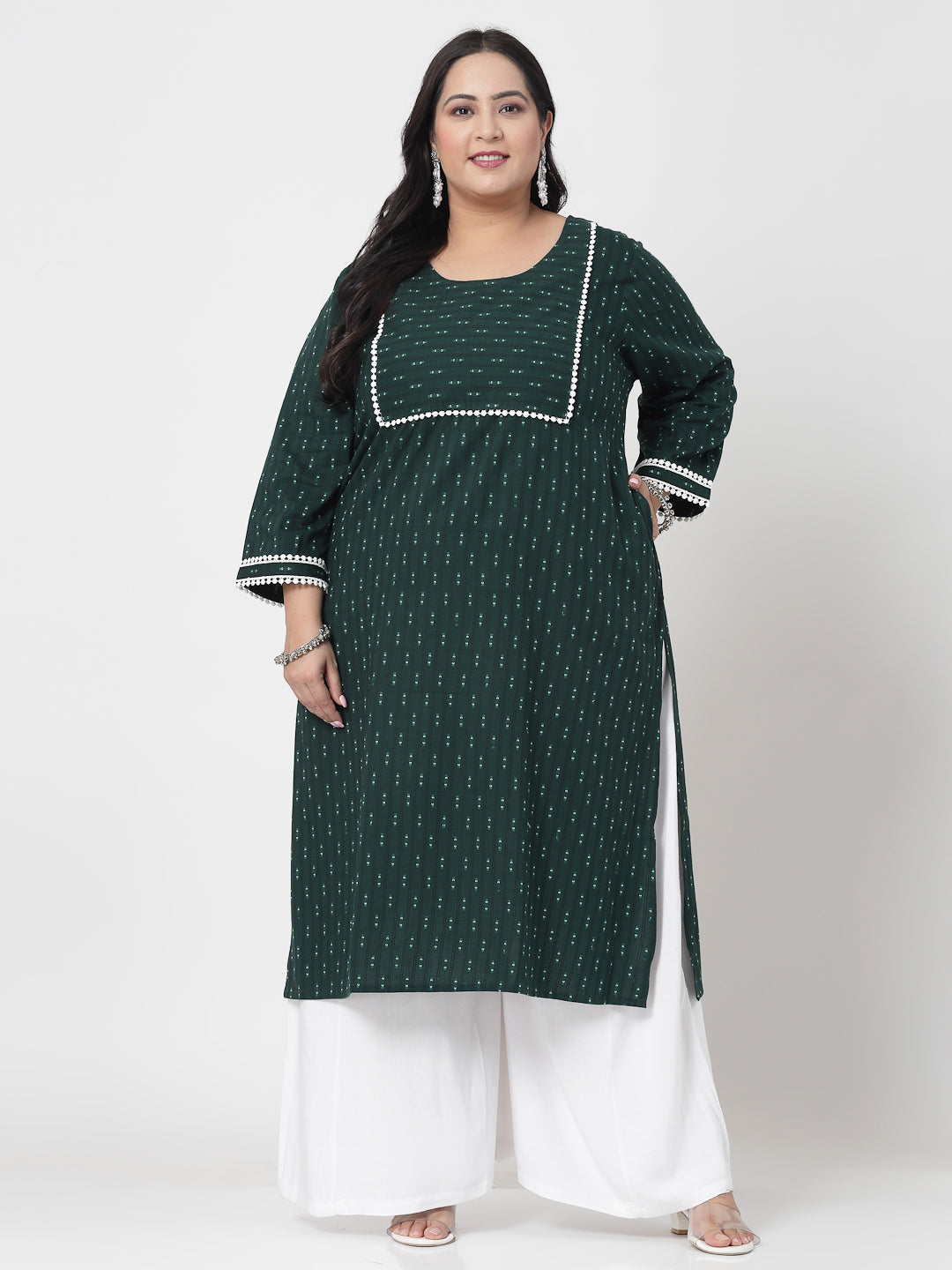Women Plus Size Dark Green Cotton Dobby Kurta - Kashyap Global Lifestyles LLP