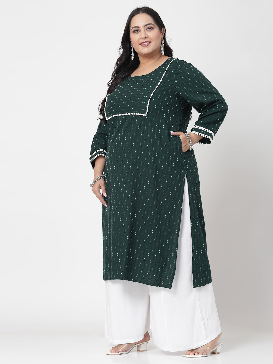 Women Plus Size Dark Green Cotton Dobby Kurta - Kashyap Global Lifestyles LLP