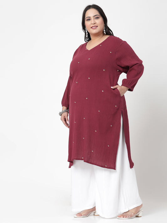 Women Plus Size Maroon Kurta With Embroidered Front - Kashyap Global Lifestyles LLP