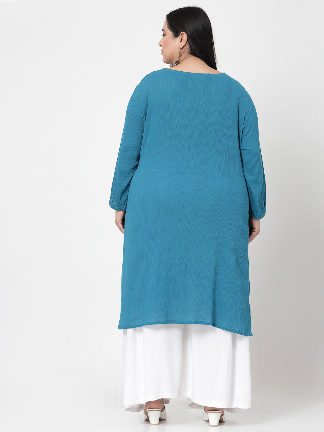 Women Plus Size Blue Kurta With Embroidered Front - Kashyap Global Lifestyles LLP
