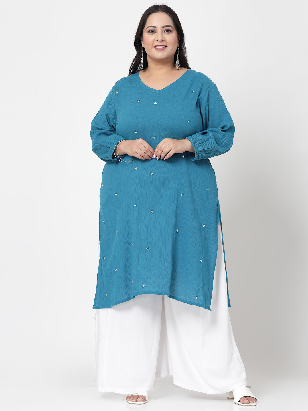 Women Plus Size Blue Kurta With Embroidered Front - Kashyap Global Lifestyles LLP