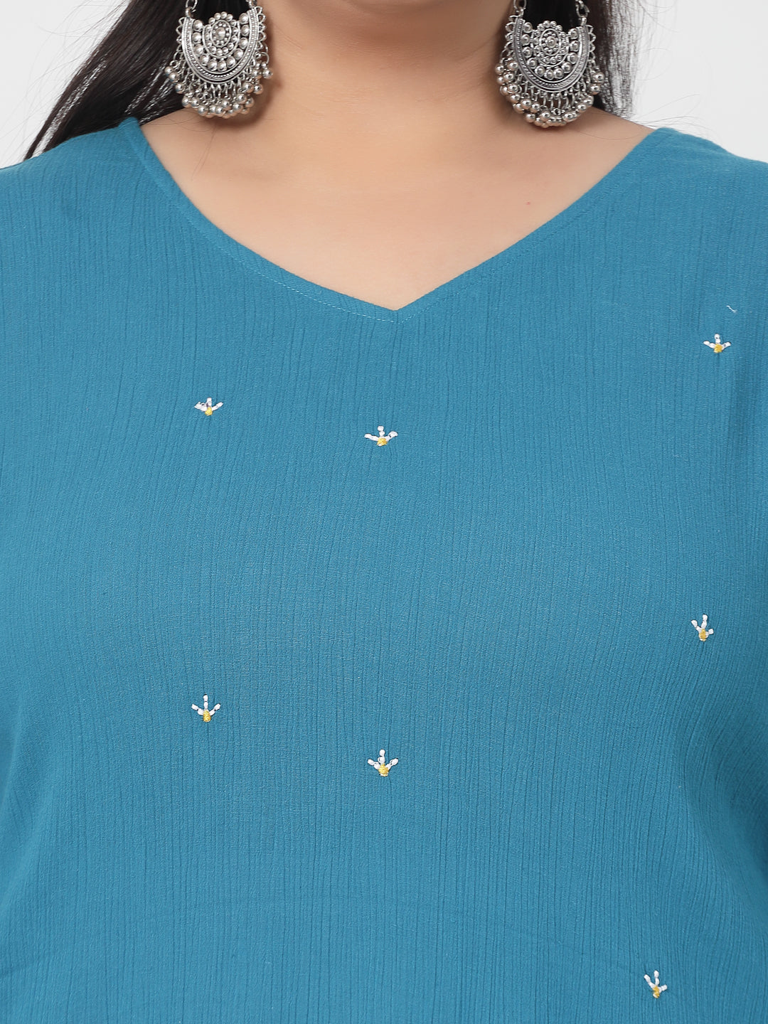 Women Plus Size Blue Kurta With Embroidered Front - Kashyap Global Lifestyles LLP