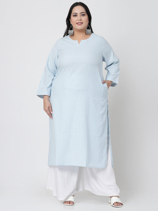 Women Plus Size Sky Blue Striped Yarn-Dyed Kurta - Kashyap Global Lifestyles LLP