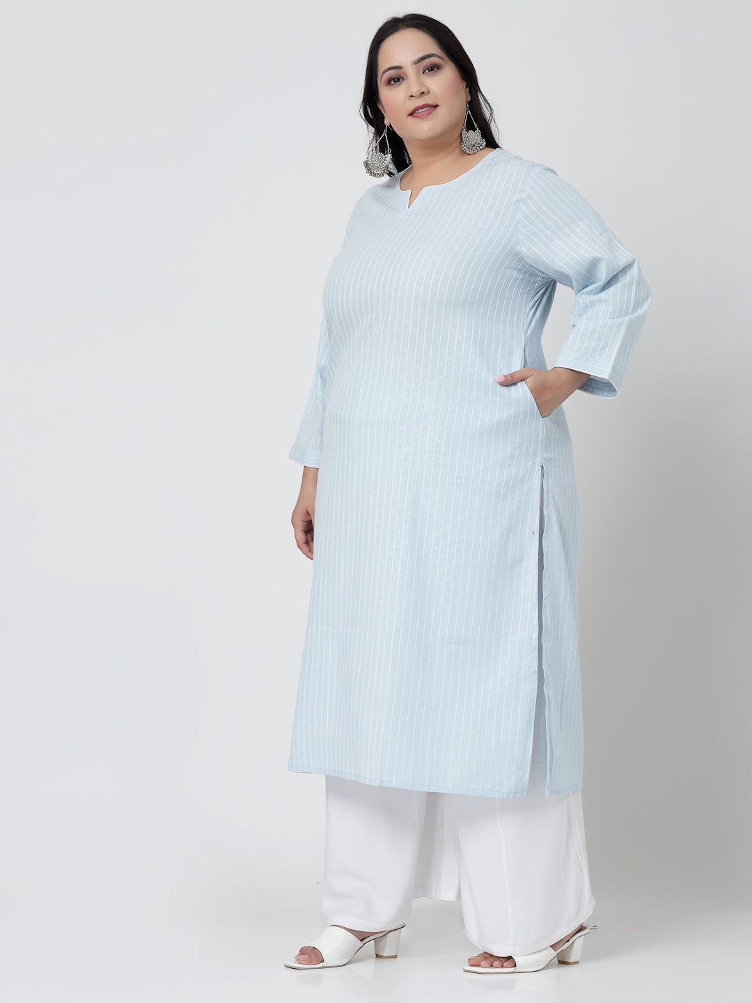 Women Plus Size Sky Blue Striped Yarn-Dyed Kurta - Kashyap Global Lifestyles LLP