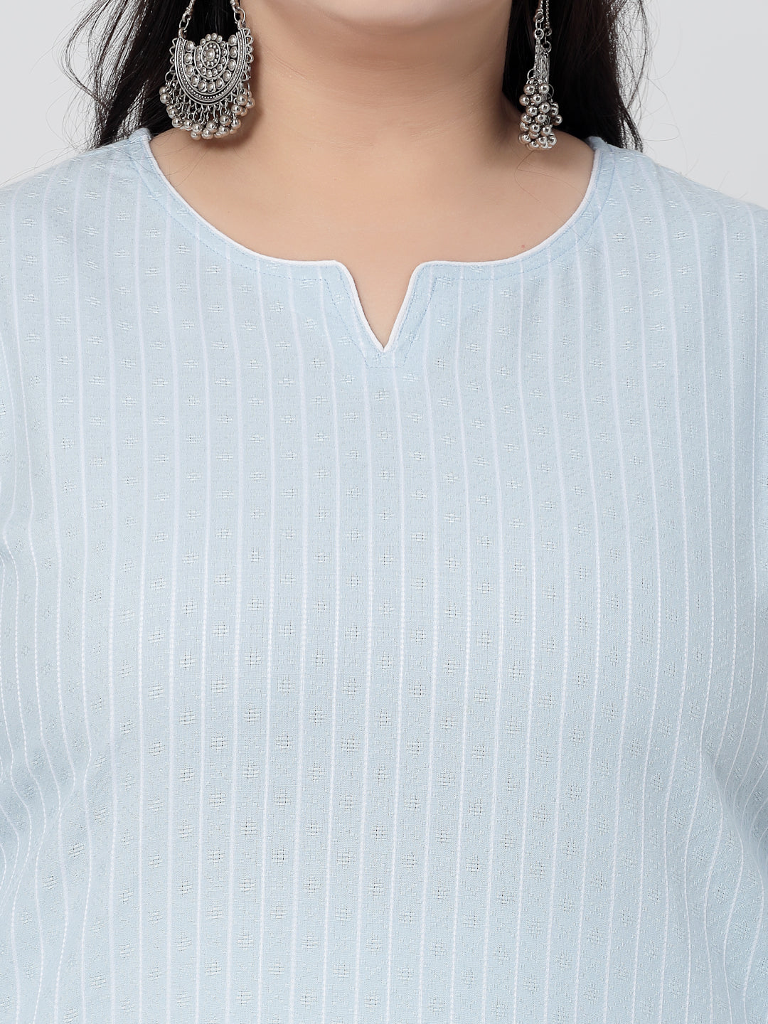 Women Plus Size Sky Blue Striped Yarn-Dyed Kurta - Kashyap Global Lifestyles LLP