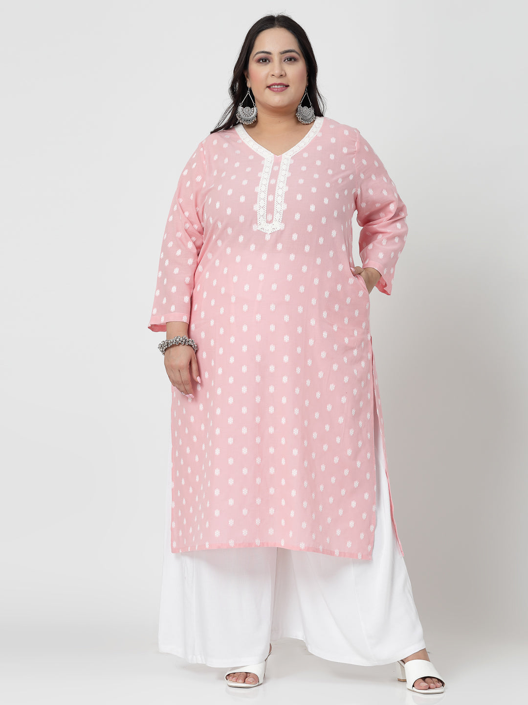 Women Baby Pink Plus Size Cotton Dobby Kurta With Lace - Kashyap Global Lifestyles LLP