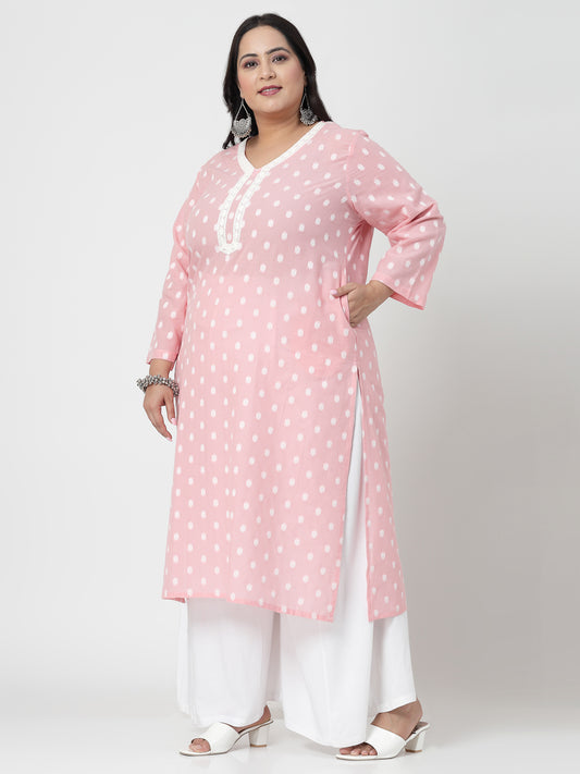 Women Baby Pink Plus Size Cotton Dobby Kurta With Lace - Kashyap Global Lifestyles LLP